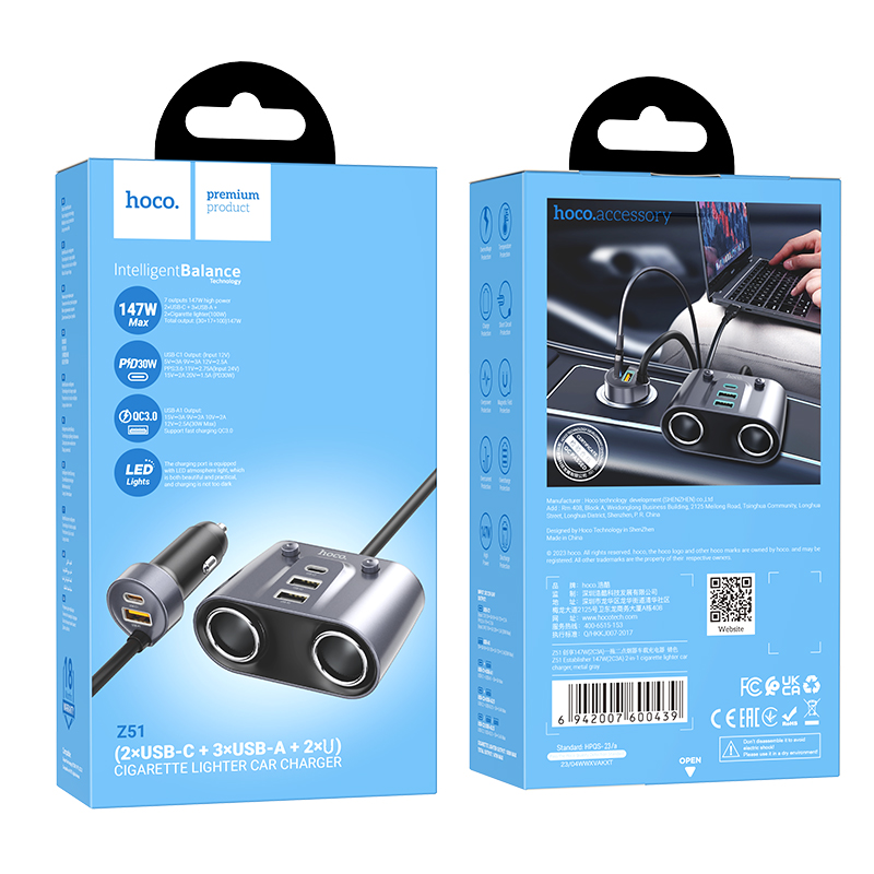 ֎Sạc xe hơi hoco Z51 3A+2C 147W (PD/QC/FCP/AFC)